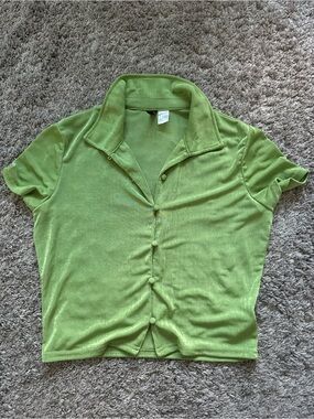 H&M Lime Green Short-Sleeve Button-Down Polo Top